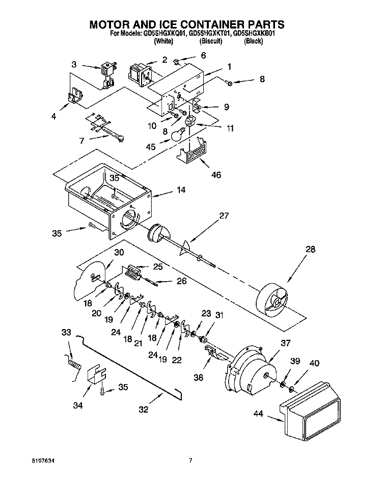 MOTOR AND ICE CONTAINER Diagram and Parts List for GD5SHGXKQ01  Whirlpool Refrigerator