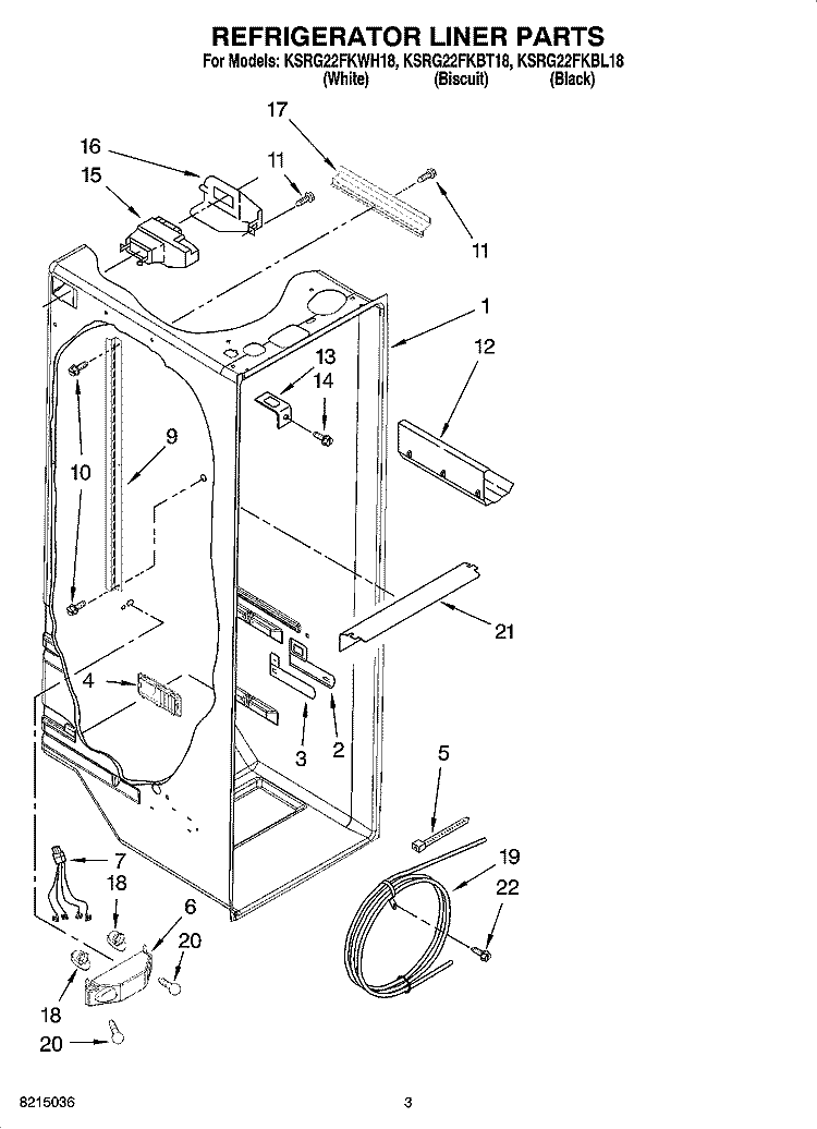 REFRIGERATOR LINER PARTS Diagram and Parts List for KSRG22FKBT18  KitchenAid Refrigerator