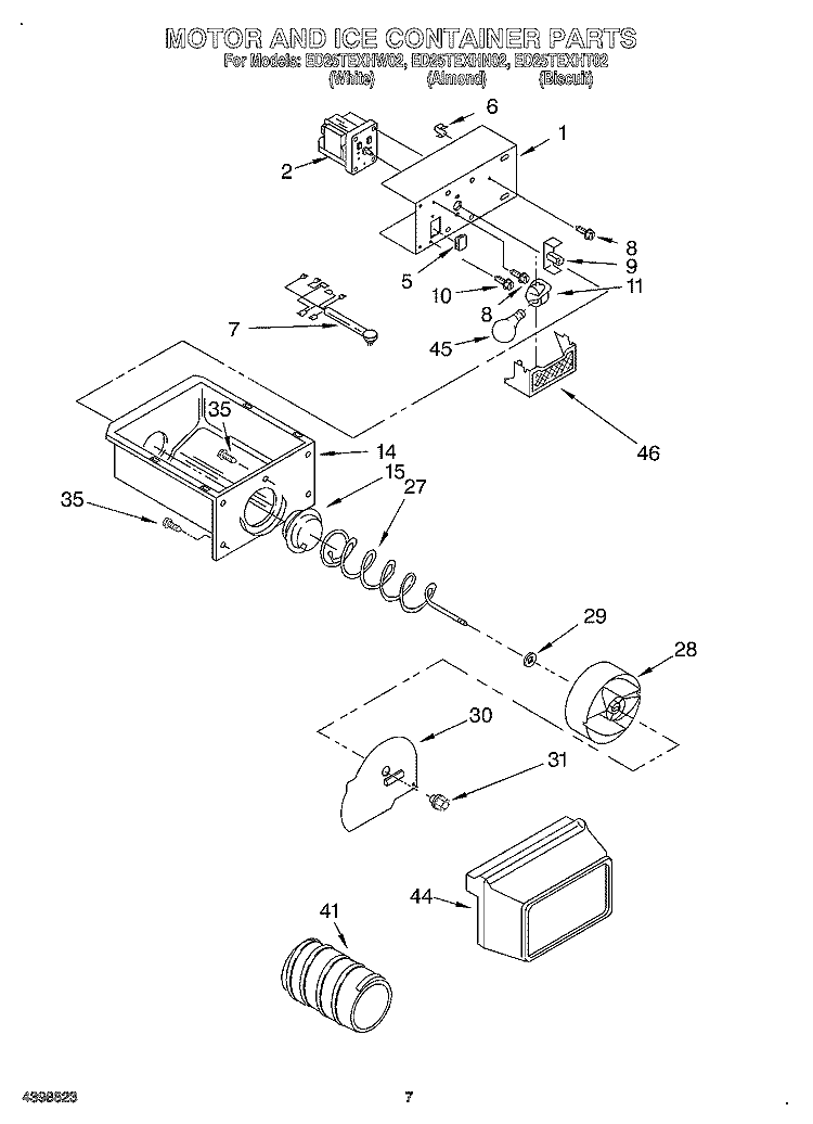 MOTOR AND ICE CONTAINER Diagram and Parts List for ED25TEXHN02  Whirlpool Refrigerator