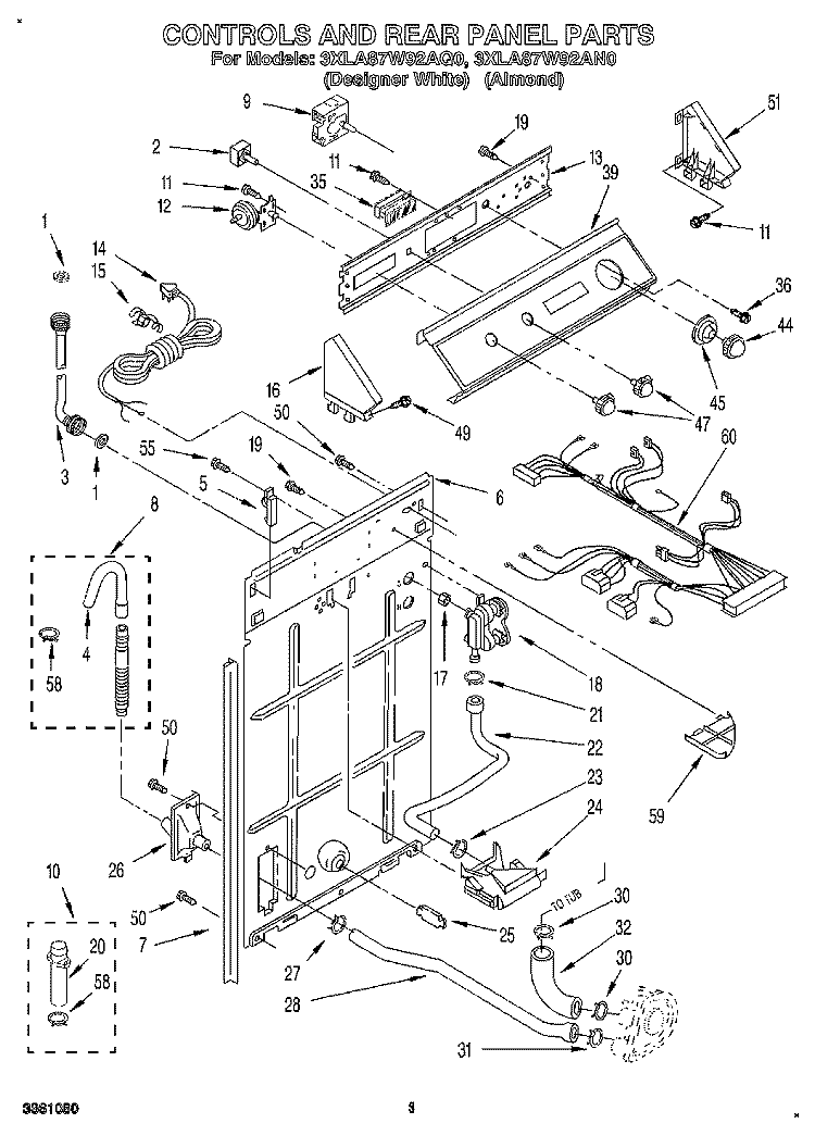 CONTROLS AND REAR PANEL Diagram and Parts List for 3XLA87W92AQ0  Whirlpool Washer