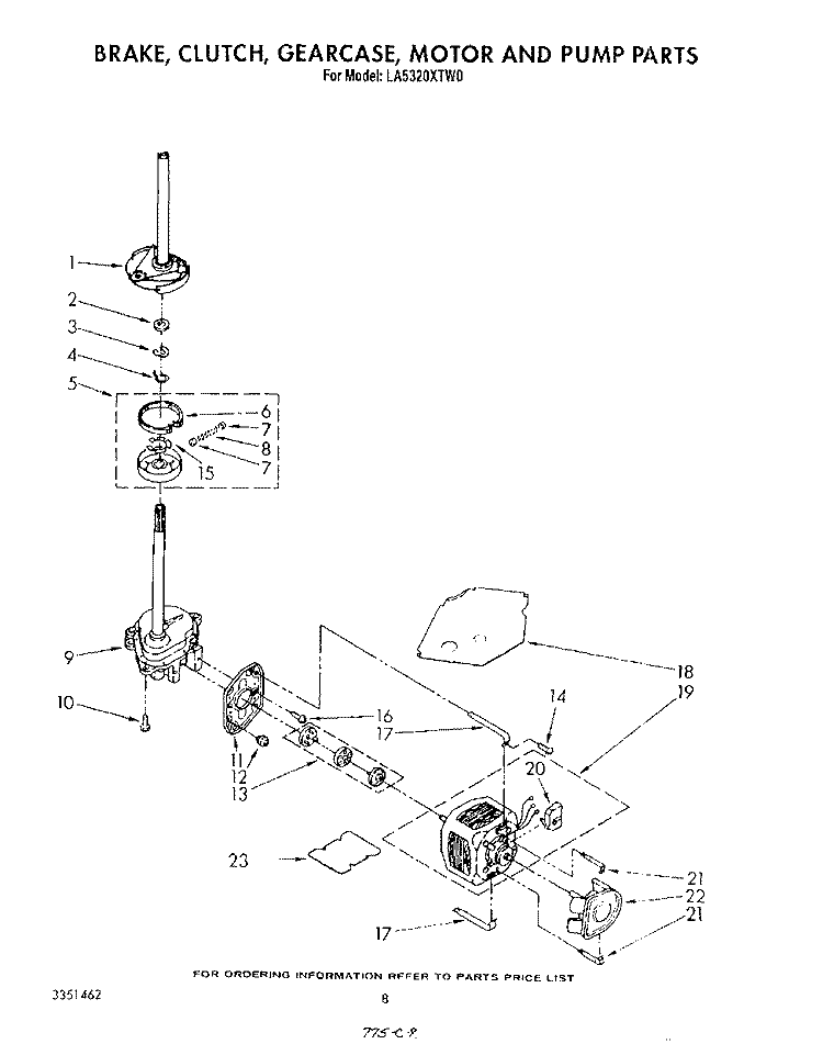 BRAKE, CLUTCH, GEARCASE, MOTOR AND PUMP Diagram and Parts List for LA5320XTG0  Whirlpool Washer