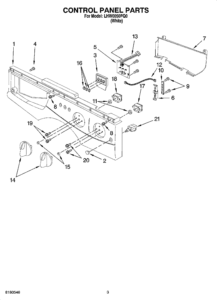 CONTROL PANEL PARTS Diagram and Parts List for LHW0050PQ0  Whirlpool Washer