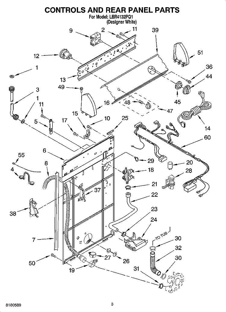 CONTROL AND REAR PANEL PARTS Diagram and Parts List for LBR4132PQ1  Whirlpool Washer