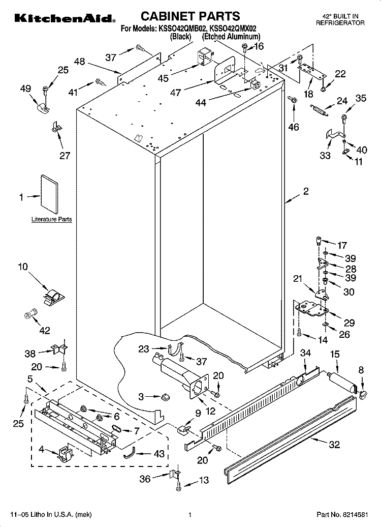 CABINET PARTS Diagram and Parts List for KSSO42QMB02  KitchenAid Refrigerator