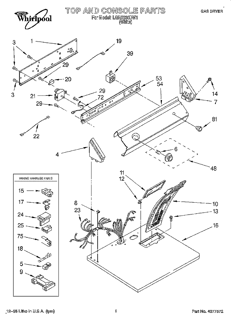 TOP AND CONSOLE, LIT/OPTIONAL Diagram and Parts List for LGR5636DW1  Whirlpool Dryer
