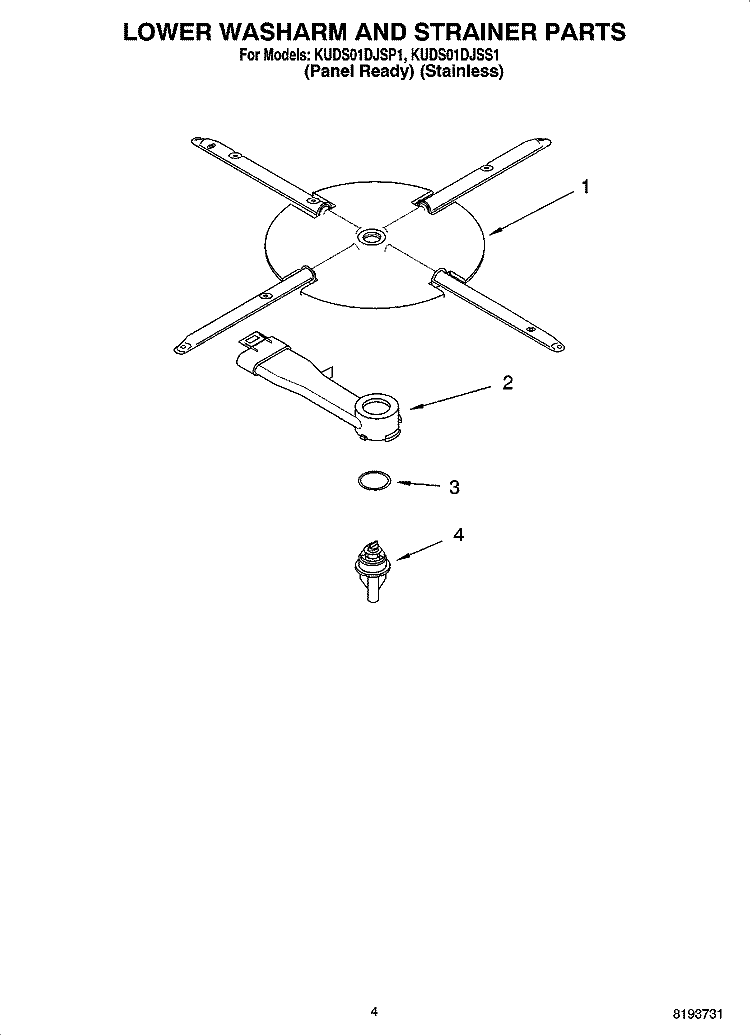 LOWER WASHARM AND STRAINER PARTS Diagram and Parts List for KUDS01DJSP1  KitchenAid Dishwasher