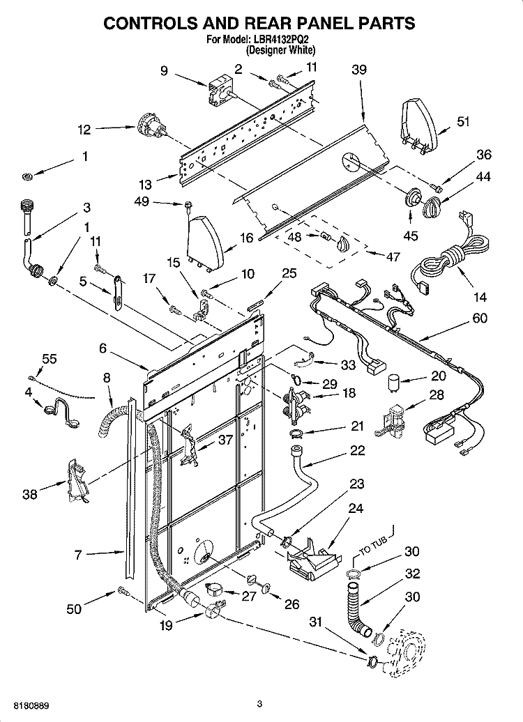 CONTROL AND REAR PANEL PARTS Diagram and Parts List for LBR4132PQ2  Whirlpool Washer