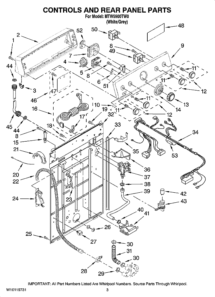 CONTROLS AND REAR PANEL PARTS Diagram and Parts List for MTW5900TW0  Whirlpool Washer