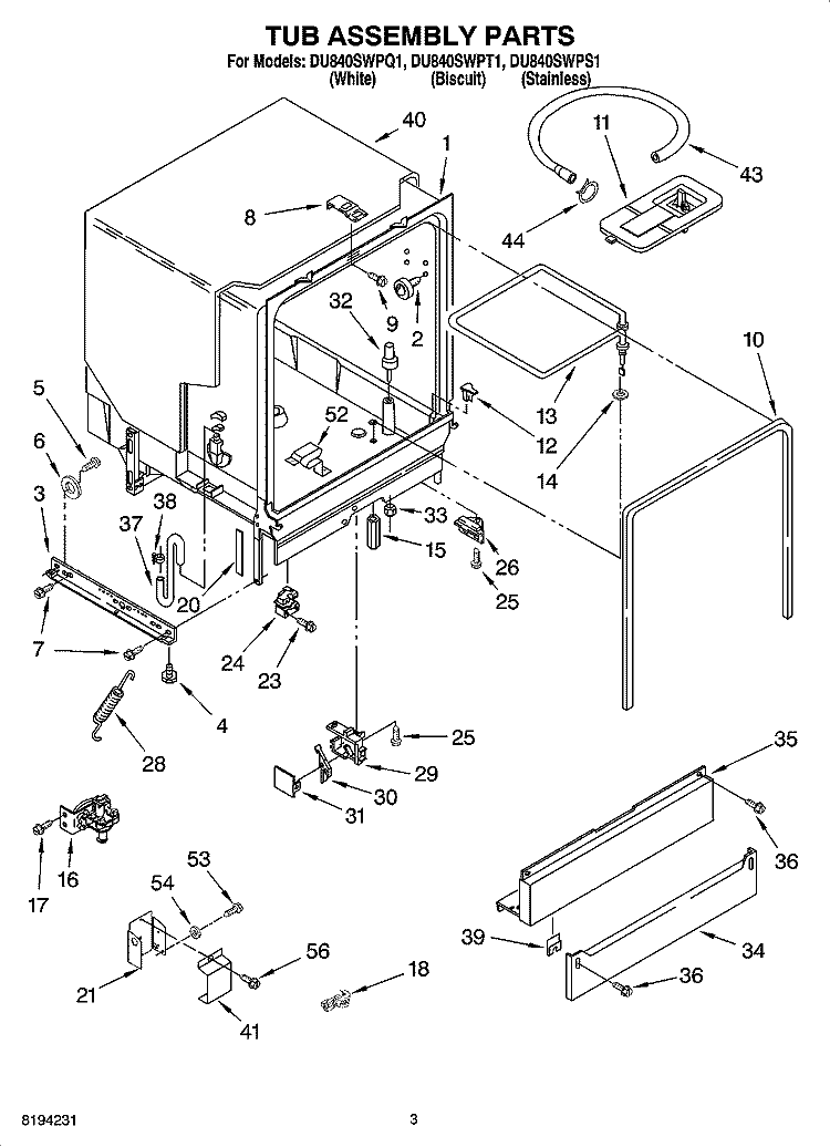 TUB ASSEMBLY PARTS Diagram and Parts List for DU840SWPT1  Whirlpool Dishwasher