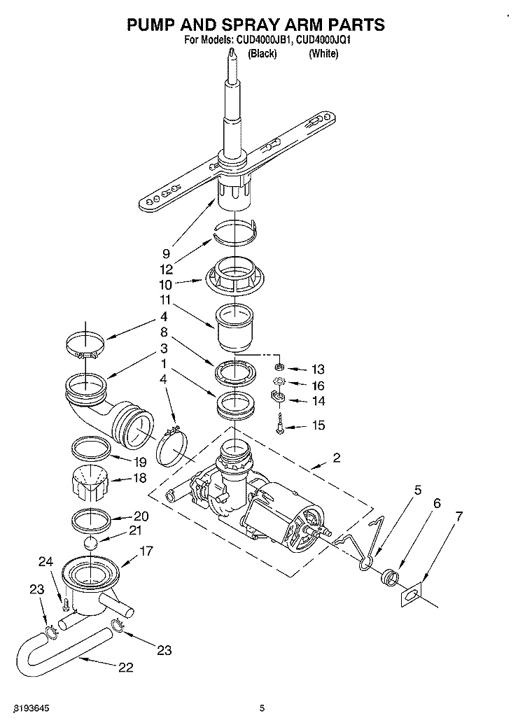 PUMP AND SPRAYARM Diagram and Parts List for CUD4000JB1  Crosley Dishwasher