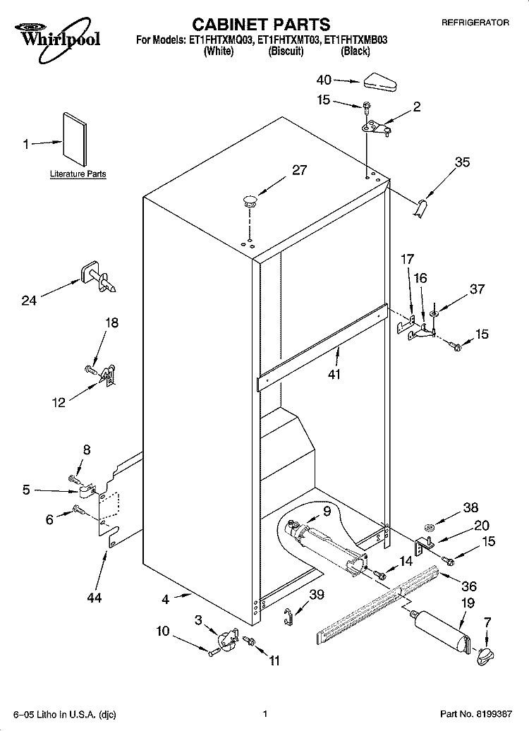 CABINET PARTS Diagram and Parts List for ET1FHTXMB03  Whirlpool Refrigerator