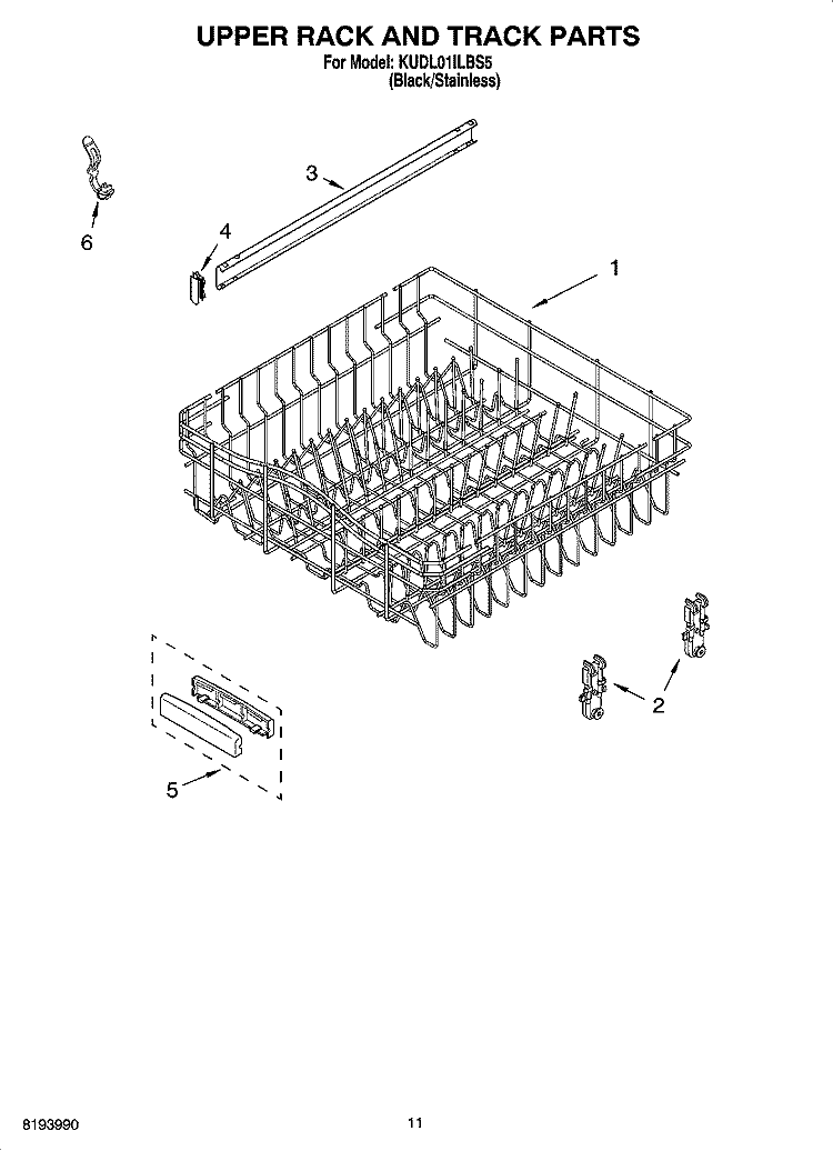 UPPER RACK AND TRACK PARTS Diagram and Parts List for KUDL01ILBS5  KitchenAid Dishwasher