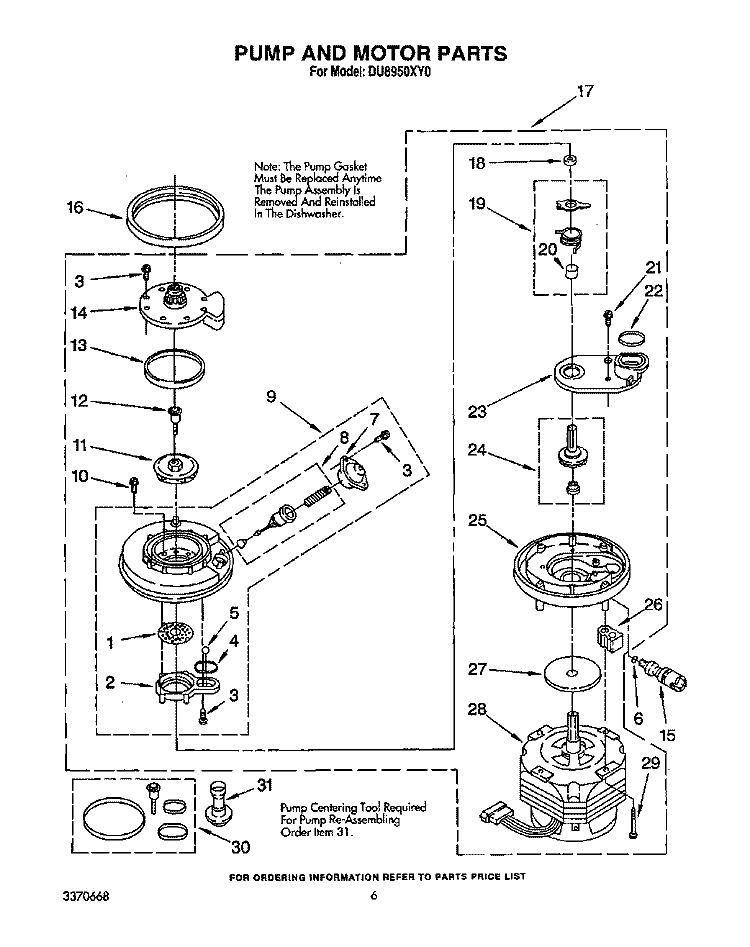 PUMP AND MOTOR Diagram and Parts List for DU8950XY0  Whirlpool Dishwasher