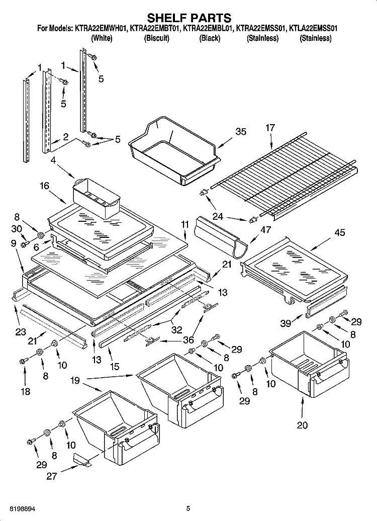 SHELF PARTS Diagram and Parts List for KTRA22EMWH01  KitchenAid Refrigerator