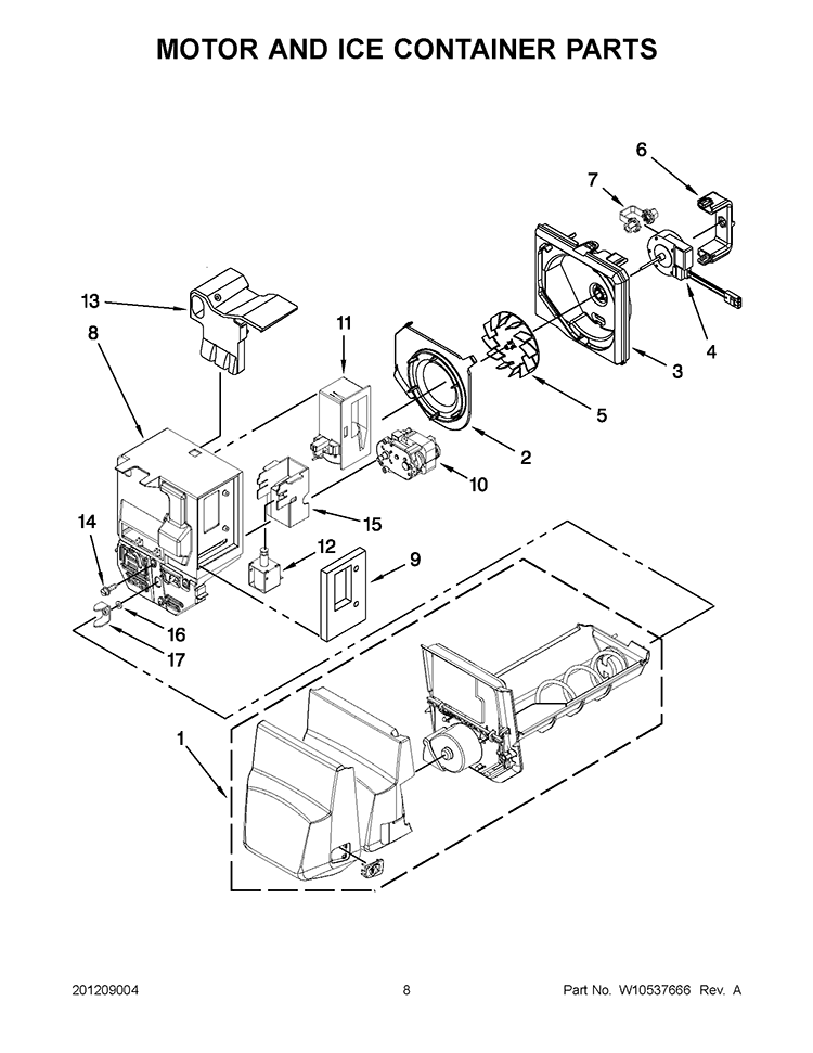 MOTOR AND ICE CONTAINER PARTS Diagram and Parts List for GI6SARXXF06  Whirlpool Refrigerator