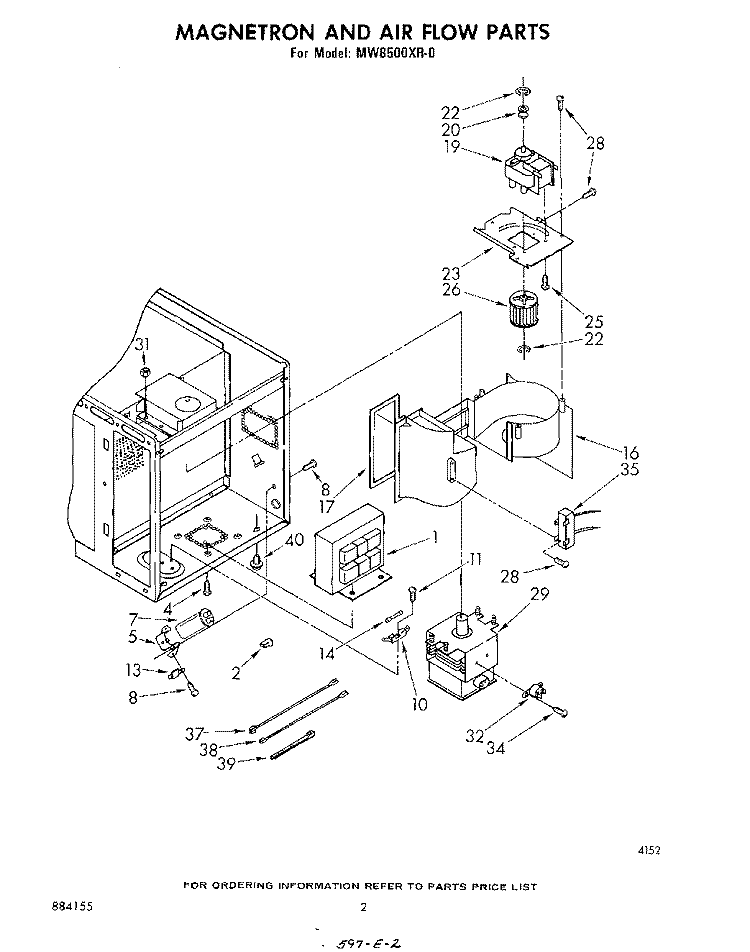 MAGNETRON AND AIR FLOW Diagram and Parts List for MW8500XR0  Whirlpool Microwave