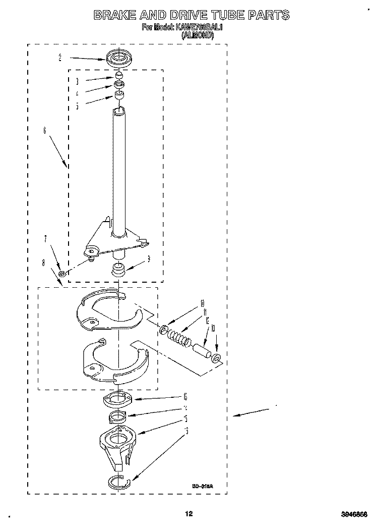 BRAKE AND DRIVE TUBE Diagram and Parts List for KAWE768BAL1  KitchenAid Washer