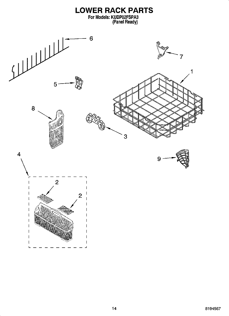 LOWER RACK PARTS, OPTIONAL PARTS (NOT INCLUDED) Diagram and Parts List for KUDP02FSPA3  KitchenAid Dishwasher