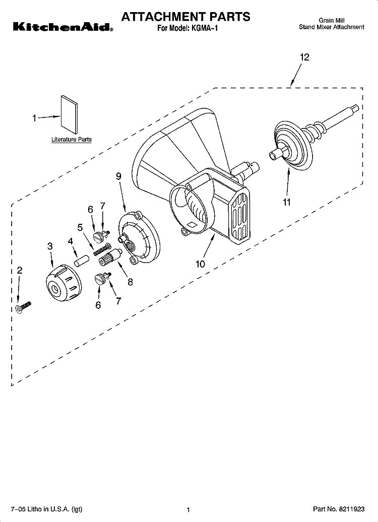ATTACHMENT PARTS Diagram and Parts List for KGMA-1  KitchenAid Mixer