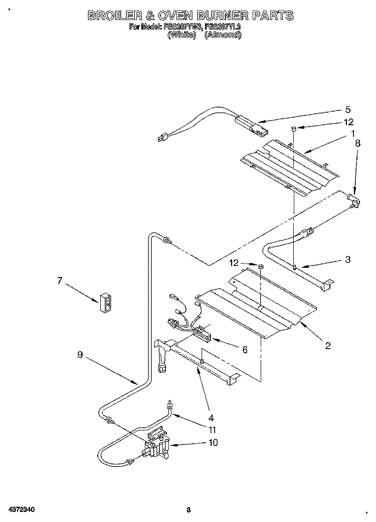 BROILER & OVEN BURNER Diagram and Parts List for FGS387YW3  Roper Range
