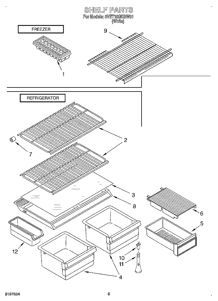 SHELF Diagram and Parts List for 8VET18GKGW01  Whirlpool Refrigerator