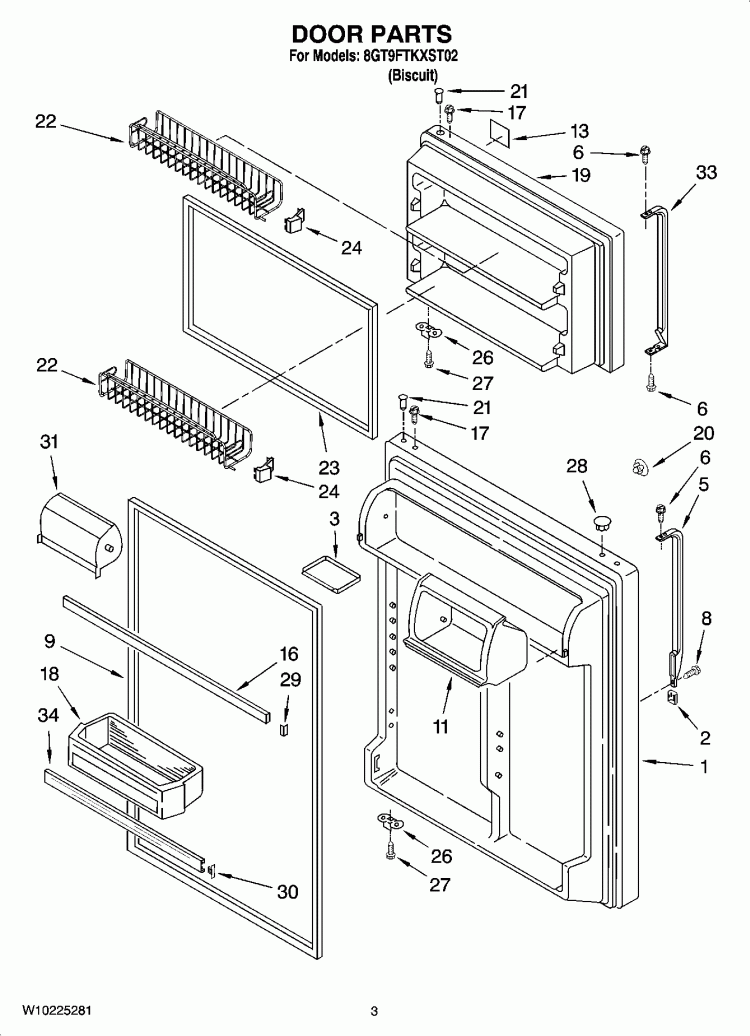 DOOR PARTS Diagram and Parts List for 8GT9FTKXST02  Whirlpool Refrigerator