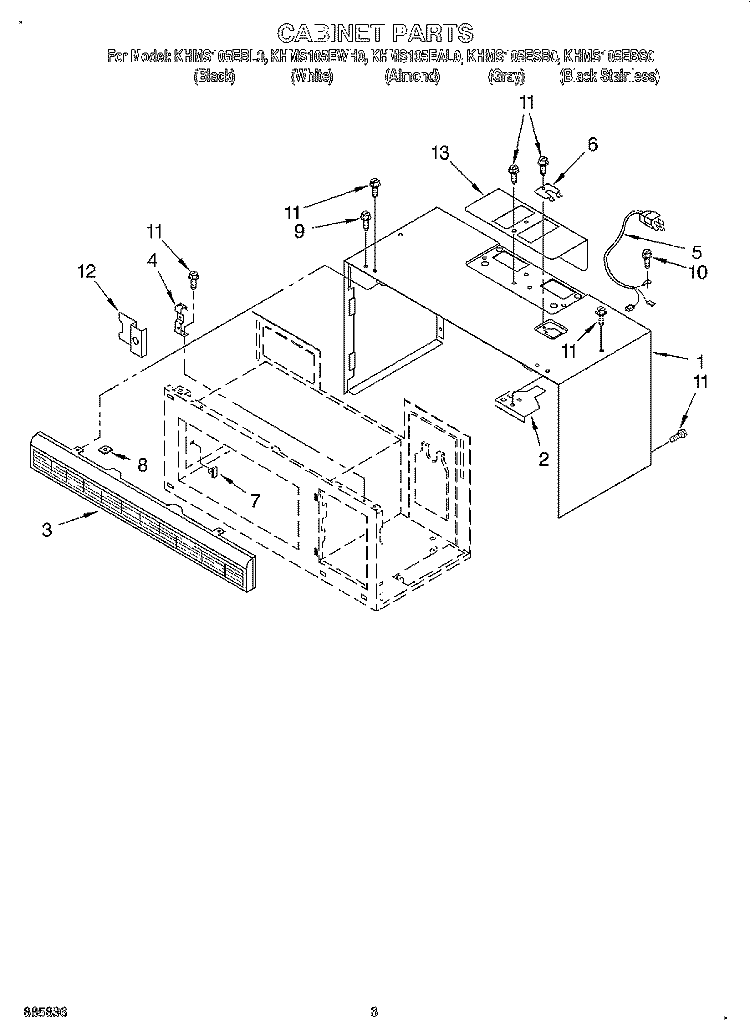 CABINET Diagram and Parts List for KHMS105EBS0  KitchenAid Microwave