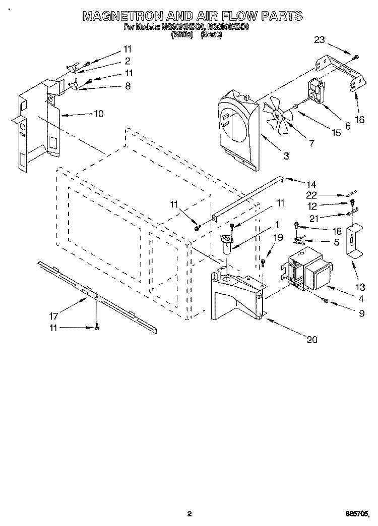 MAGNETRON AND AIR FLOW, LITERATURE Diagram and Parts List for MG3090XBB0  Whirlpool Microwave