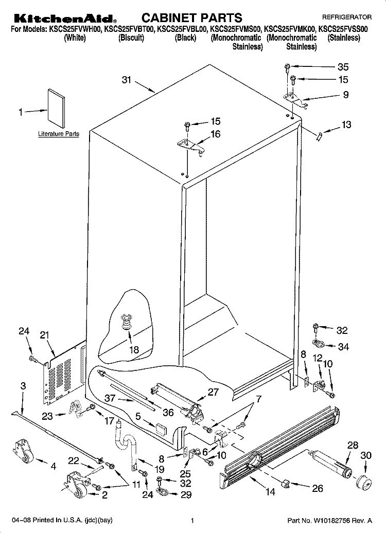 CABINET PARTS Diagram and Parts List for KSCS25FVSS00  KitchenAid Refrigerator