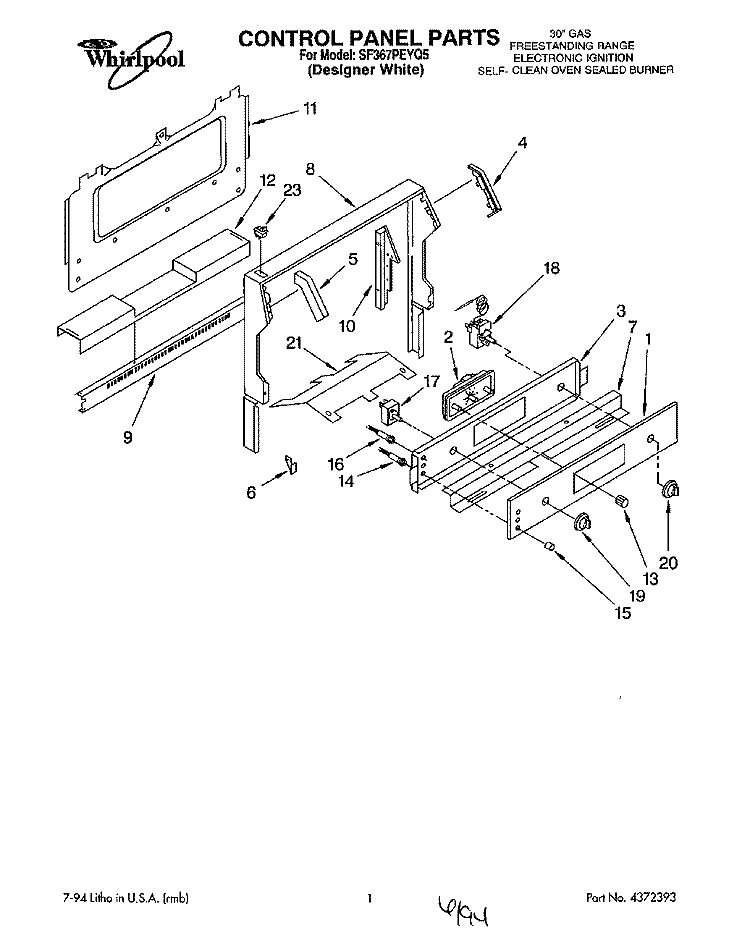 CONTROL PANEL Diagram and Parts List for SF367PEYQ5  Whirlpool Range