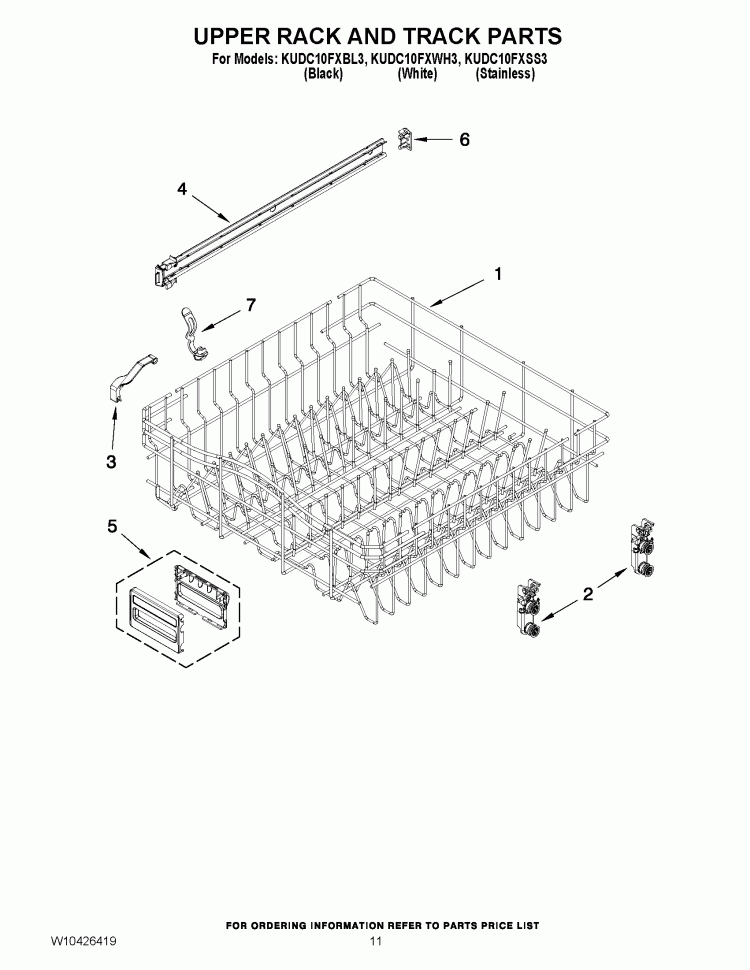 UPPER RACK AND TRACK PARTS Diagram and Parts List for KUDC10FXSS3  KitchenAid Dishwasher