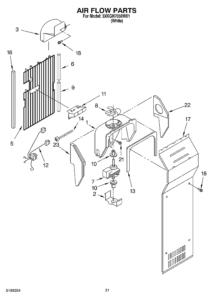 AIR FLOW, OPTIONAL Diagram and Parts List for 3XKGN7050W01  Whirlpool Refrigerator