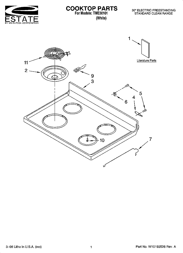 COOKTOP PARTS Diagram and Parts List for TME30101  Estate Range