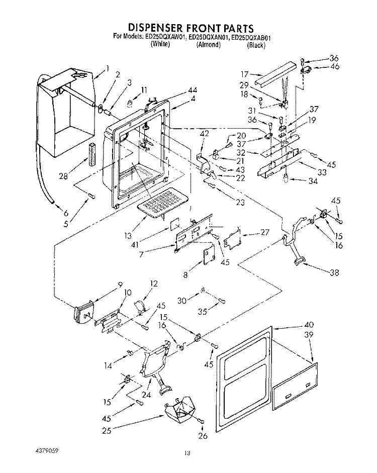 DISPENSER FRONT Diagram and Parts List for ED25DQXAW01  Whirlpool Refrigerator
