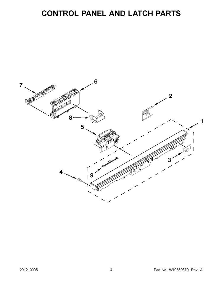 CONTROL PANEL AND LATCH PARTS Diagram and Parts List for KUDS35FBWH1  KitchenAid Dishwasher