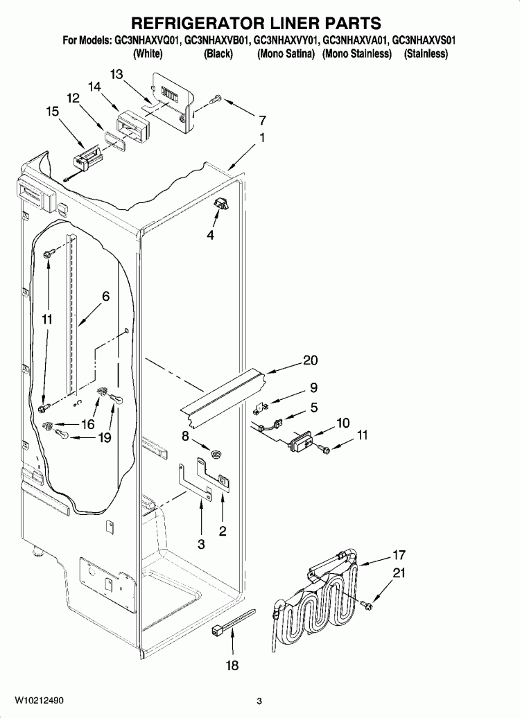REFRIGERATOR LINER PARTS Diagram and Parts List for GC3NHAXVA01  Whirlpool Refrigerator
