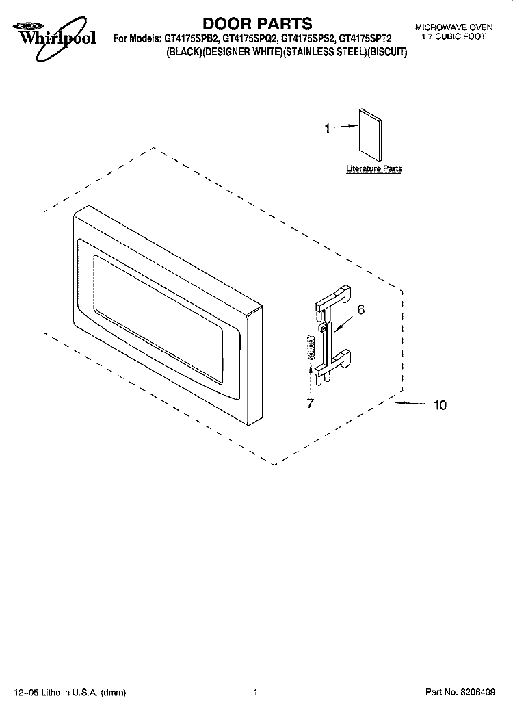 DOOR PARTS Diagram and Parts List for GT4175SPB2  Whirlpool Microwave