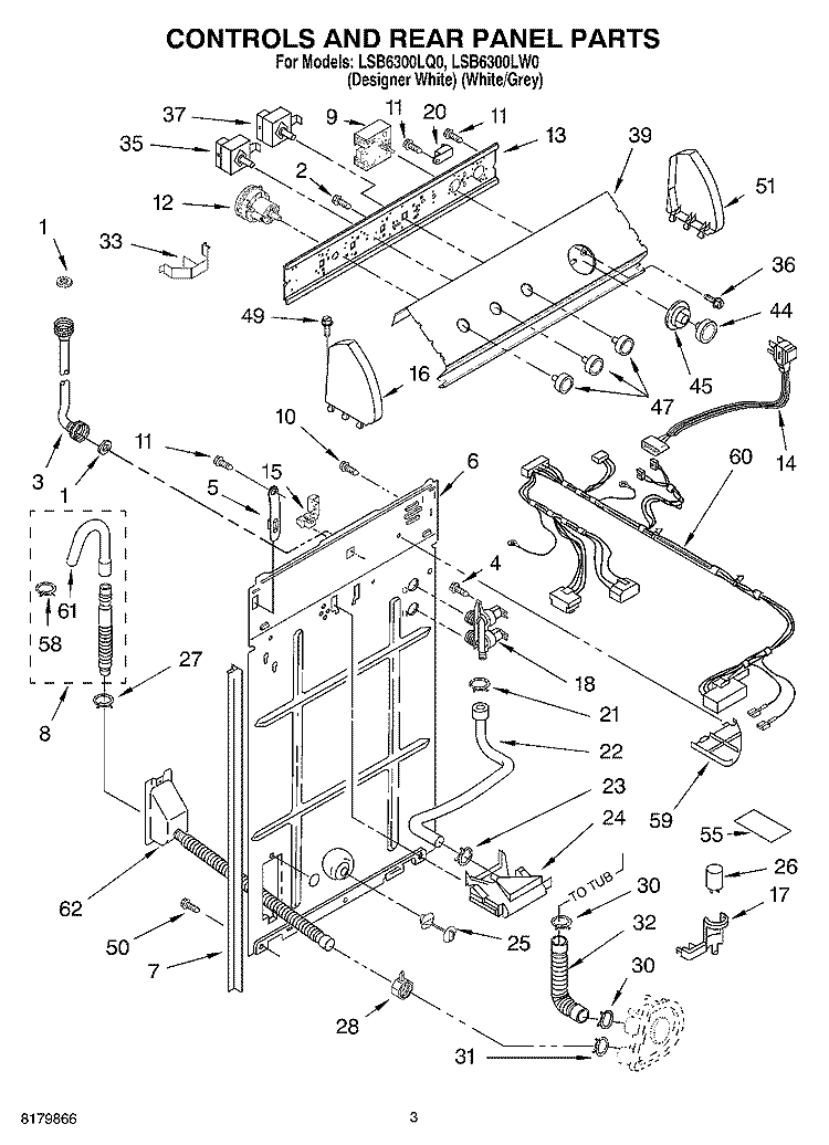 CONTROLS AND REAR PANEL Diagram and Parts List for LSB6300LW0  Whirlpool Washer
