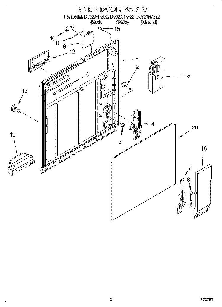 INNER DOOR Diagram and Parts List for DU920PFGZ2  Whirlpool Dishwasher