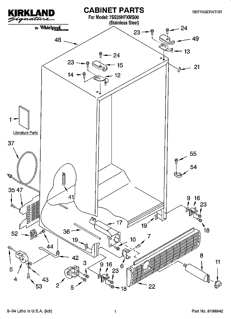 CABINET PARTS Diagram and Parts List for 7SS25HFXMS00  Whirlpool Refrigerator