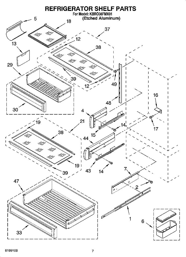 REFRIGERATOR SHELF PARTS Diagram and Parts List for KBRO36FMX01  KitchenAid Refrigerator