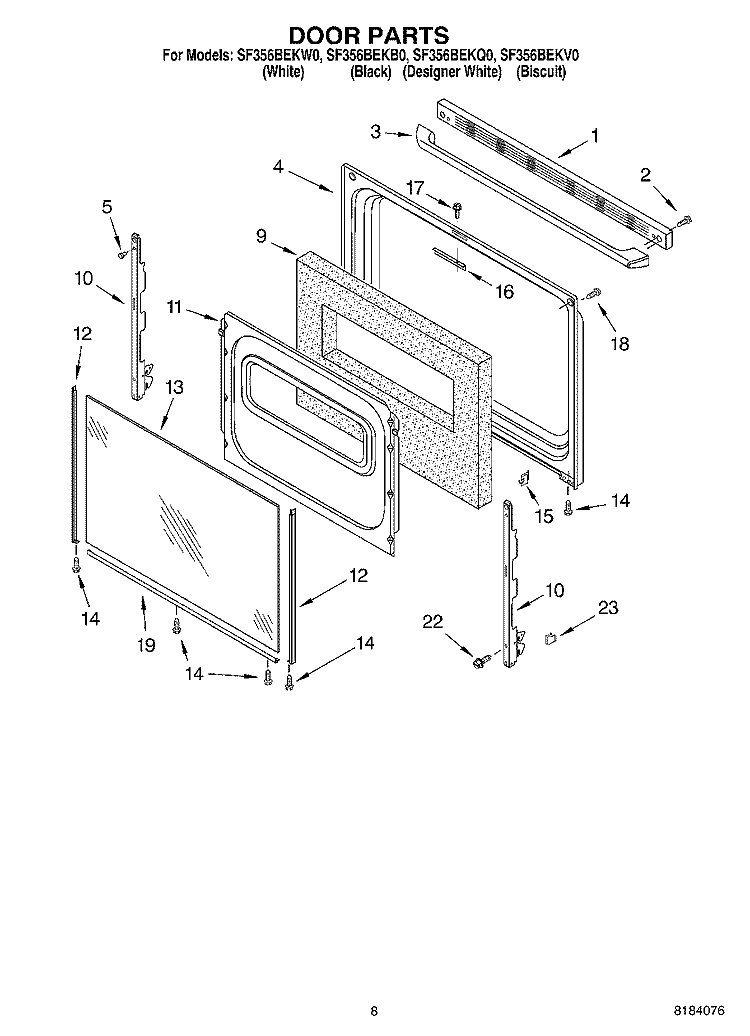 DOOR Diagram and Parts List for SF356BEKQ0  Whirlpool Range