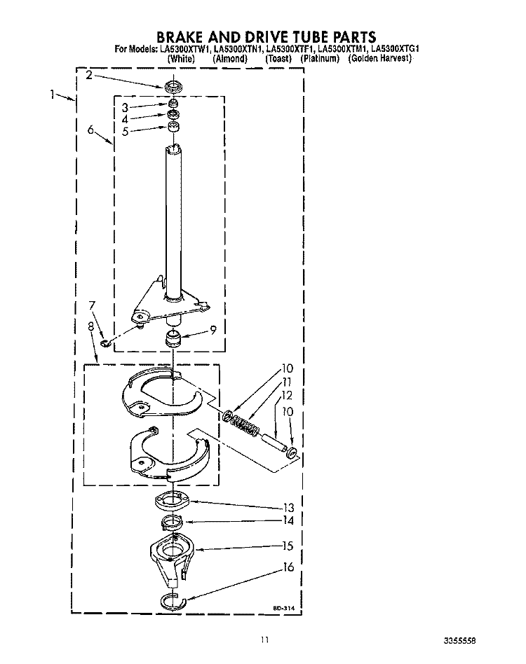 BRAKE AND DRIVE TUBE Diagram and Parts List for LA5300XTN1  Whirlpool Washer