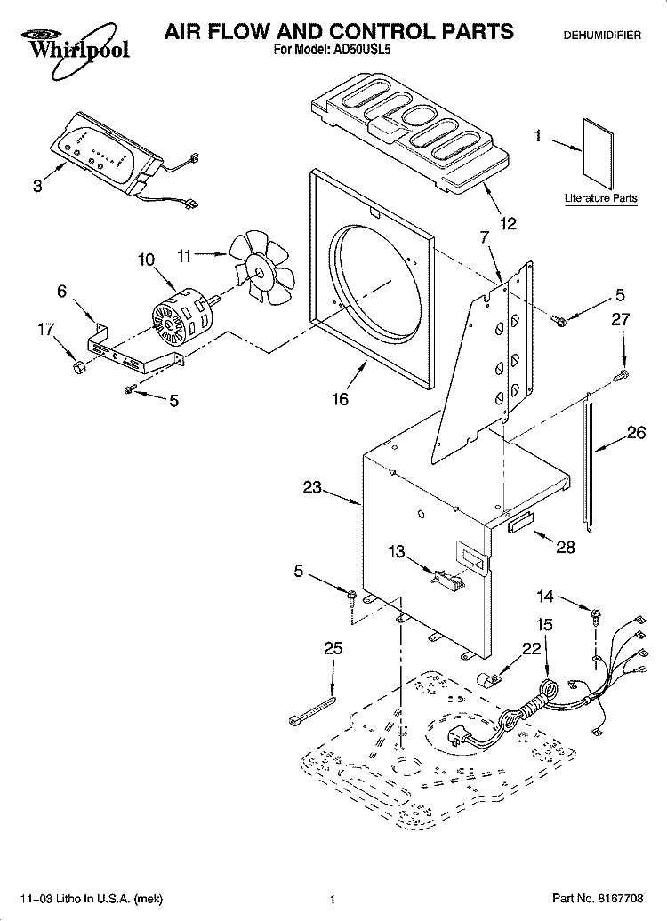 AIR FLOW AND CONTROL PARTS Diagram and Parts List for AD50USL5  Whirlpool Dehumidifier