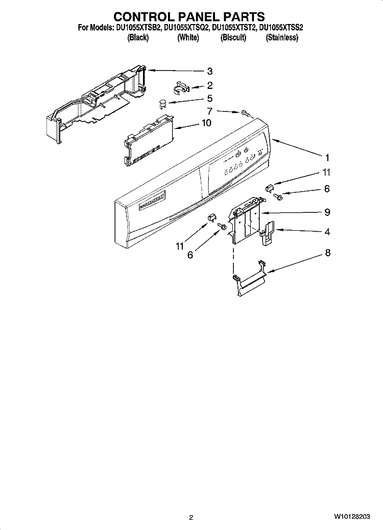 CONTROL PANEL PARTS Diagram and Parts List for DU1055XTST2  Whirlpool Dishwasher