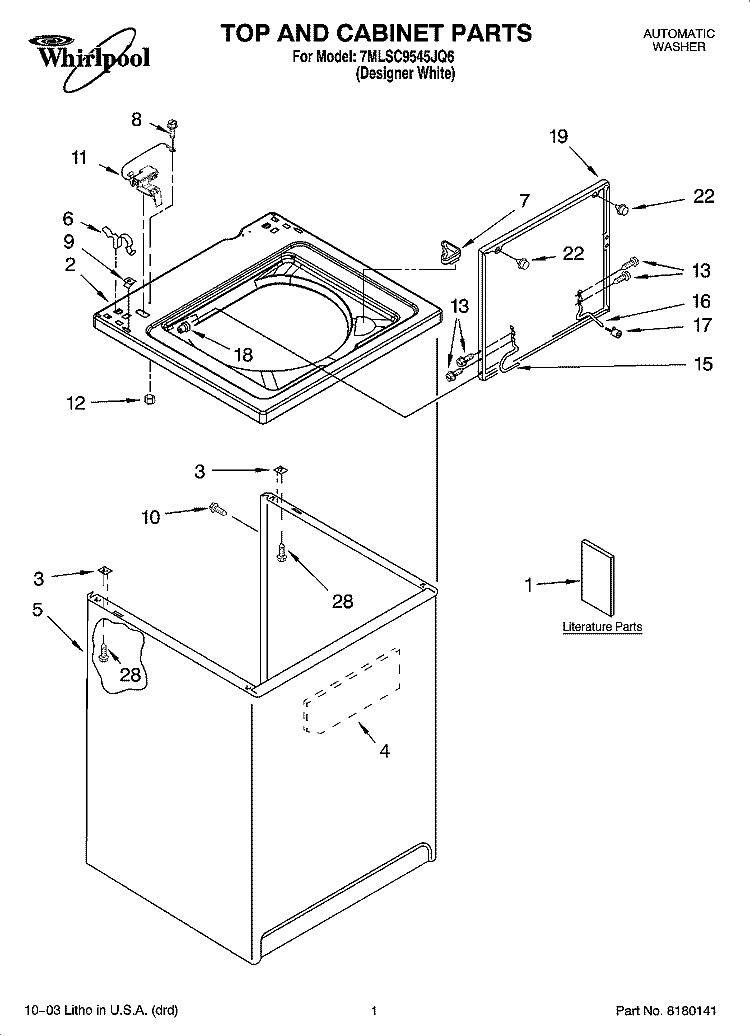 TOP AND CABINET PARTS Diagram and Parts List for 7MLSC9545JQ6  Whirlpool Washer