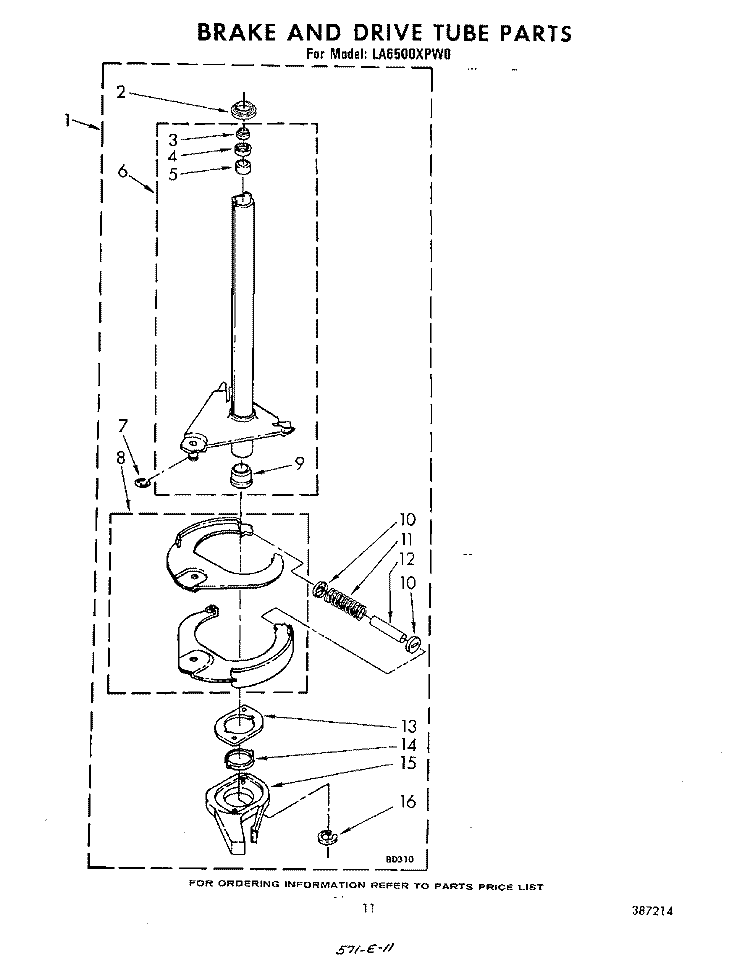 BRAKE AND DRIVE TUBE Diagram and Parts List for LA6500XPW0  Whirlpool Washer