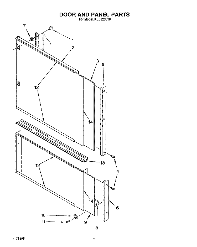 DOOR AND PANEL Diagram and Parts List for KUDJ230Y0  KitchenAid Dishwasher