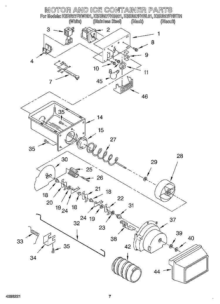 MOTOR AND ICE CONTAINER Diagram and Parts List for KSRB27FHBL01  KitchenAid Refrigerator