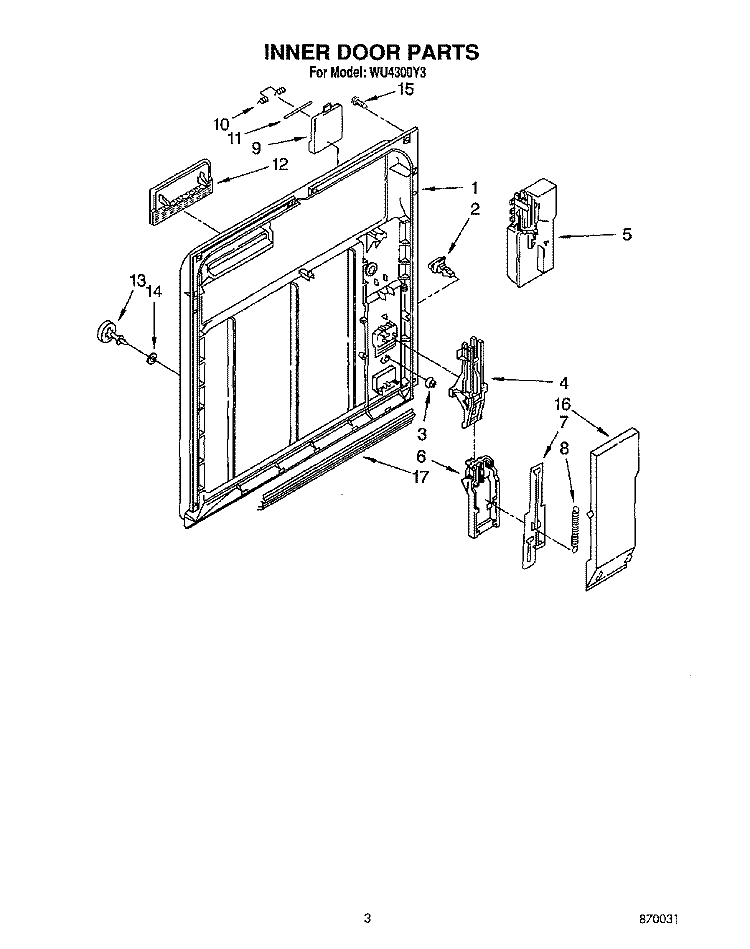 INNER DOOR Diagram and Parts List for WU4300Y3  Roper Dishwasher